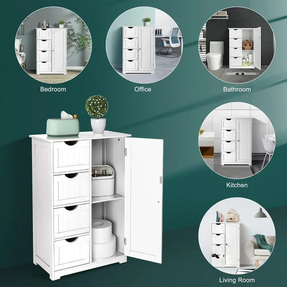 Small Wooden White Storage Cabinet 4 Drawers and 1 Cupboard Adjustable Shelf